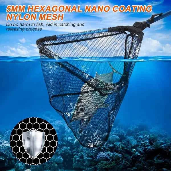 Foldable Fishing Net With Aluminum Alloy Rod EVA Handle Durable 5MM Hexagonal Nano Coating Nylon Mesh Collapsible Landing Net Safe Fish Catching Or Releasing