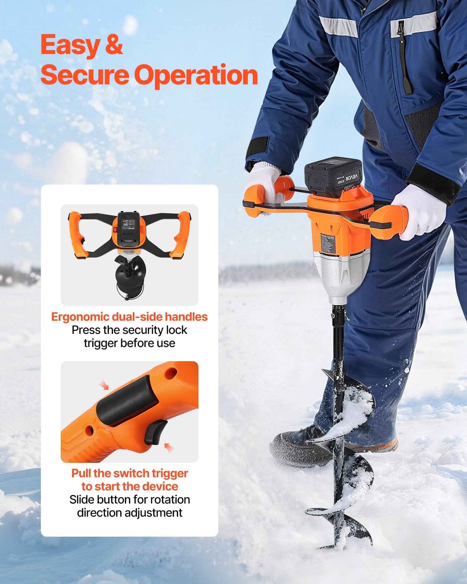 20V Electric Ice Auger, 8 Inch Diameter, 2 In 1 Cordless Ice Fishing Augers And Earth Auger With Ices &amp; Earth Drill Bit, Cold-Resistant Post Hole Digger, Turbo High-Speed Cutting System