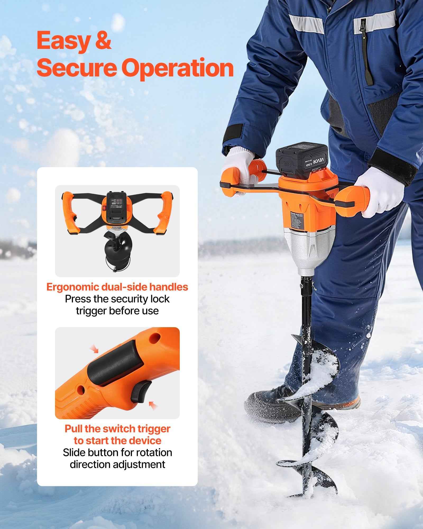 20V Electric Ice Auger, 8 Inch Diameter, 2 In 1 Cordless Ice Fishing Augers And Earth Auger With Ices &amp; Earth Drill Bit, Cold-Resistant Post Hole Digger, Turbo High-Speed Cutting System