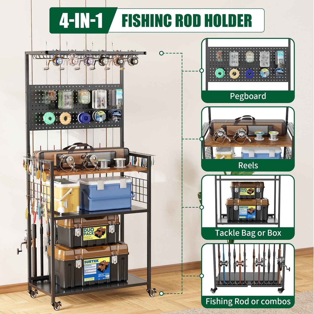 Fishing Rod Storage Rack With Pegboard, Rolling Tackle Organizer Cart, Multi-Tier Fishing Gear Stand For Rods, Reels, Tackle Boxes &amp; Bags, Heavy Duty Metal Holders With Lockable Wheels