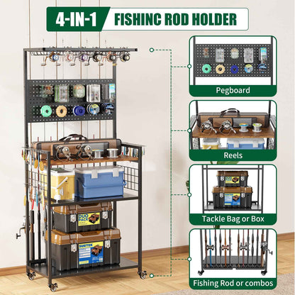Fishing Rod Storage Rack With Pegboard, Rolling Tackle Organizer Cart, Multi-Tier Fishing Gear Stand For Rods, Reels, Tackle Boxes &amp; Bags, Heavy Duty Metal Holders With Lockable Wheels