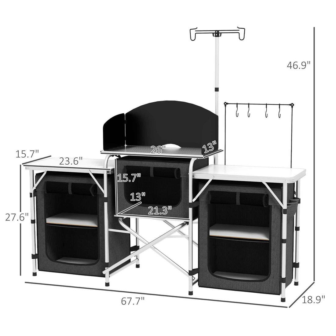 Aluminum Camping Kitchen, Portable Folding Camping Table with Fabric Cupboards, Windshield, Bag for BBQ, Picnic, Black