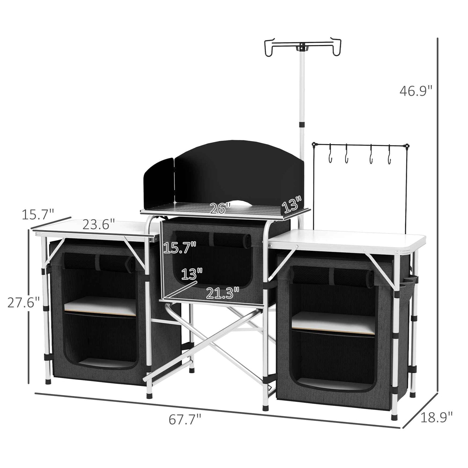 Aluminum Camping Kitchen, Portable Folding Camping Table with Fabric Cupboards, Windshield, Bag for BBQ, Picnic, Black