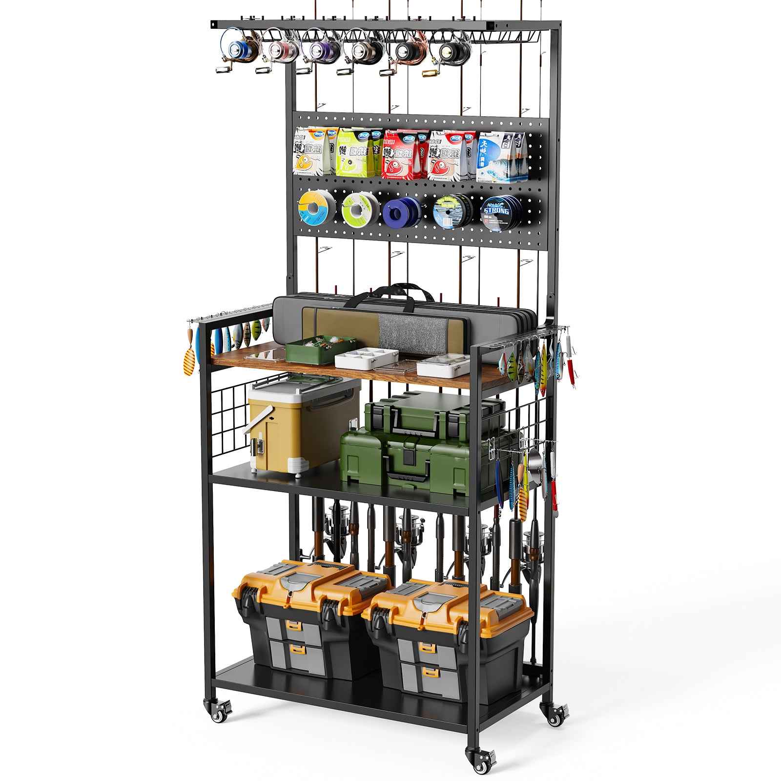 Fishing Rod Storage Rack With Pegboard, Rolling Tackle Organizer Cart, Multi-Tier Fishing Gear Stand For Rods, Reels, Tackle Boxes &amp; Bags, Heavy Duty Metal Holders With Lockable Wheels