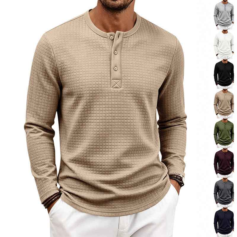 Mens Retro Jacquard Plaid Loose-Fit Long-Sleeve Henley T-Shirt