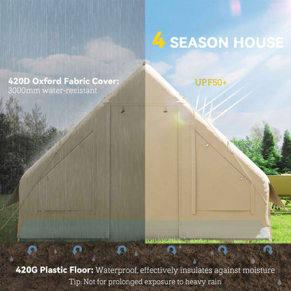 Inflatable Camping Tent With Hand Pump, 4 Season Blow Up Tent, Waterproof And Windproof With Mesh Windows And Doors