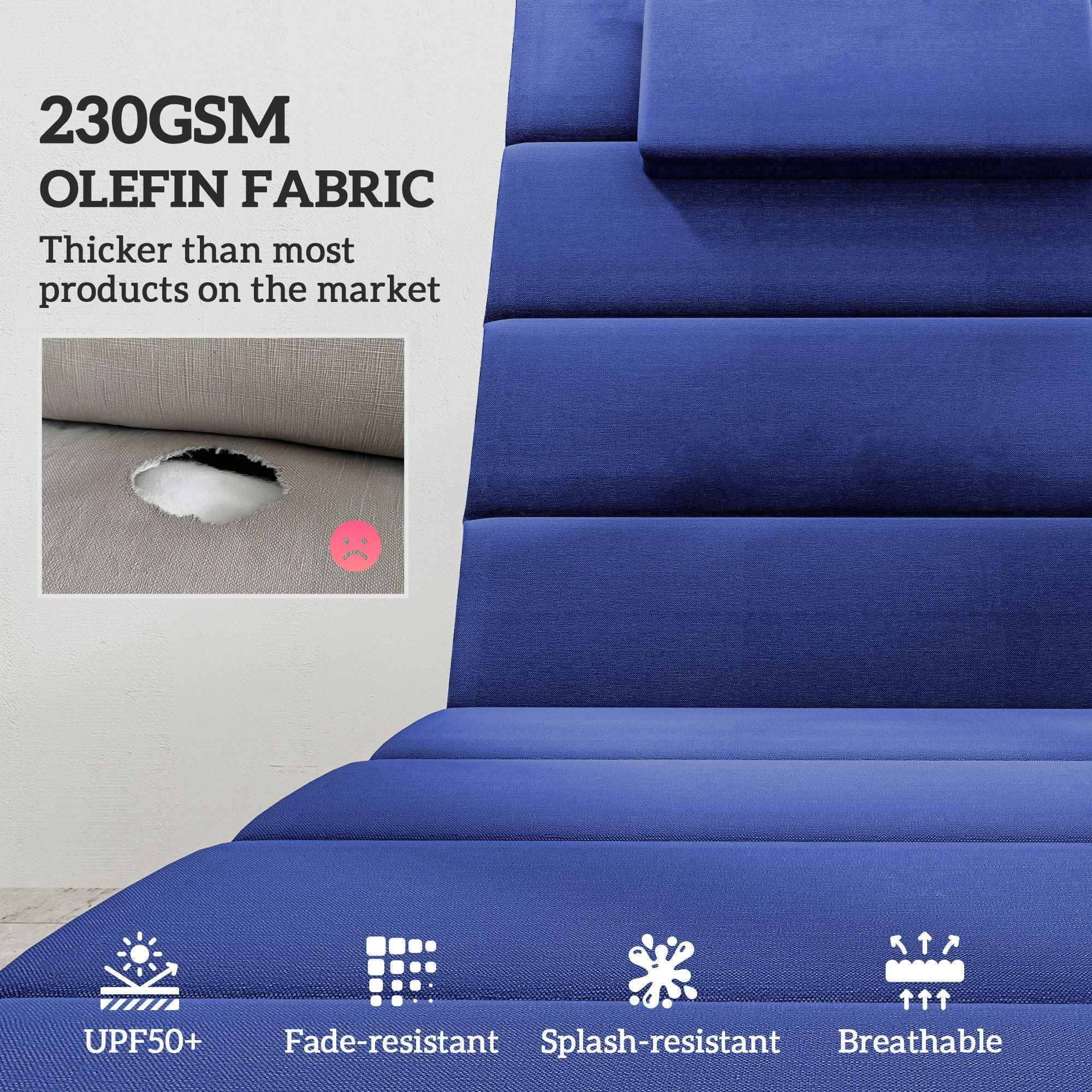 Foldable Chaise Lounge Cushion Set of 2, Outdoor Lounge Chair Cushion Set, UPF50+ 230gsm Olefin, 80" x 26" Dark Blue