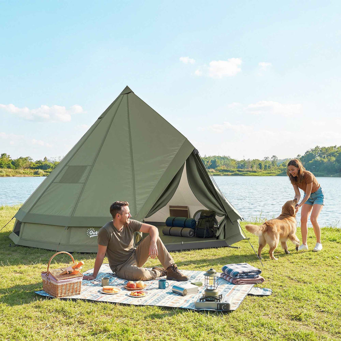 Teepee Tent Waterproof Camping Tent with Stove Jack for 4-6 People for Outdoor Camping Hiking Army Green