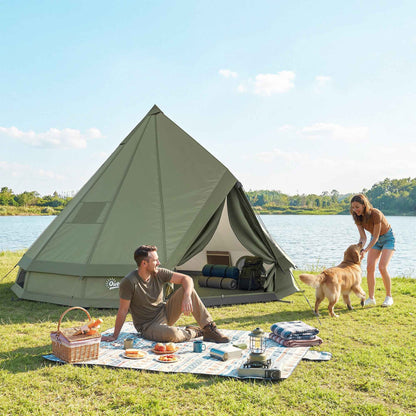 Teepee Tent Waterproof Camping Tent with Stove Jack for 4-6 People for Outdoor Camping Hiking Army Green