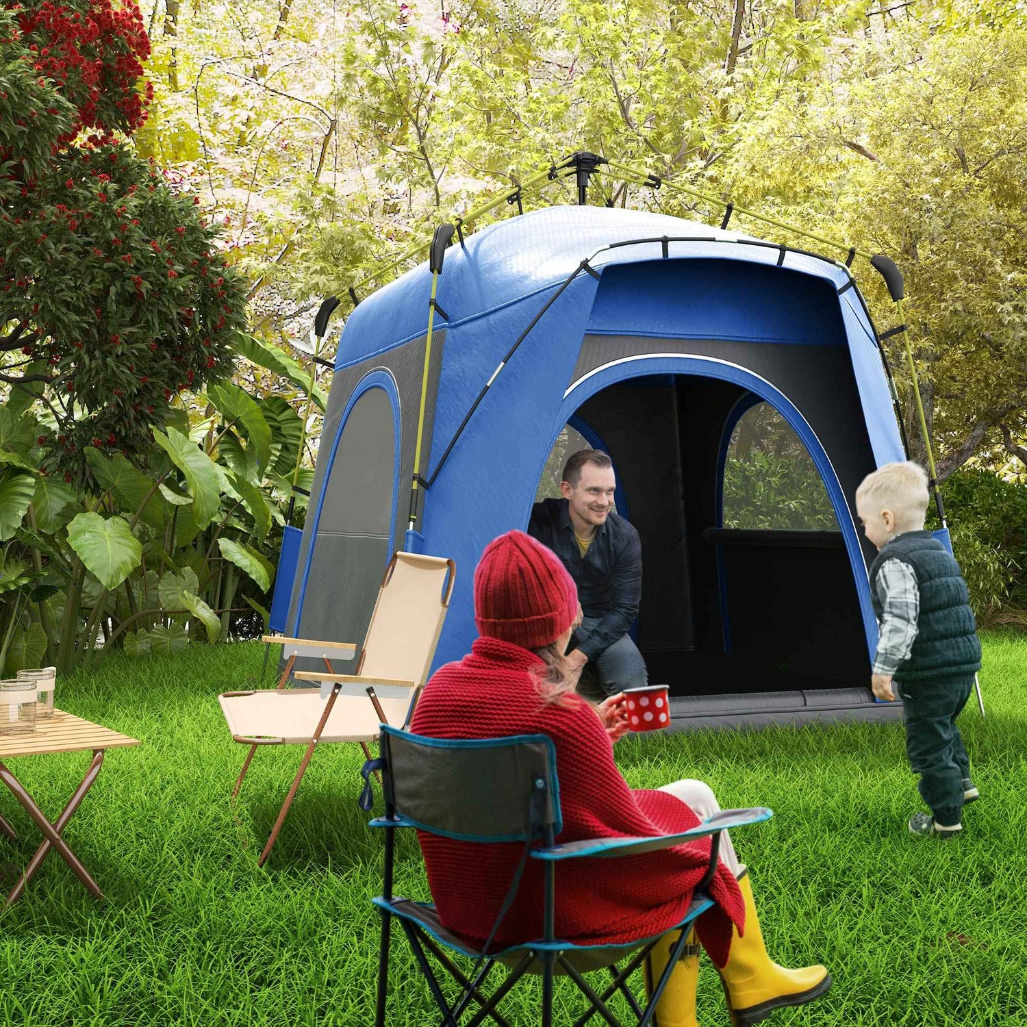 3 Person Pop Up Camping Tent Quick Setup Automatic Hydraulic Family Travel Tent w/ Windows Doors Carry Bag, Blue