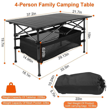 220 Lb Capacity Foldable Camping Table Aluminum Top &amp; Steel Frame With Mesh Basket Portable BBQ Picnic Beach Table Includes Carry Bag