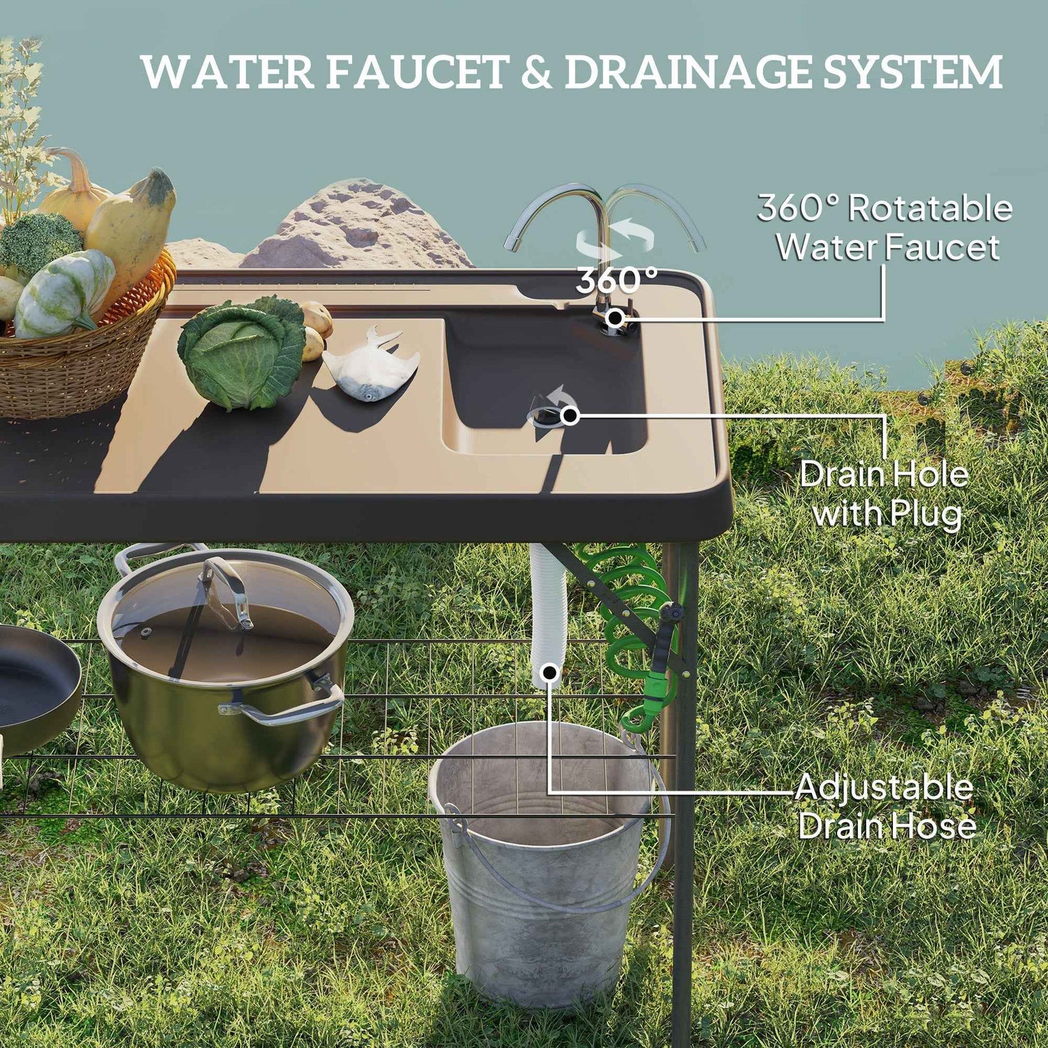 Folding Fish Cleaning Table With Sink, Portable Camping Table With Faucet, Drainage Hose, Sprayer And Shelf, Tan