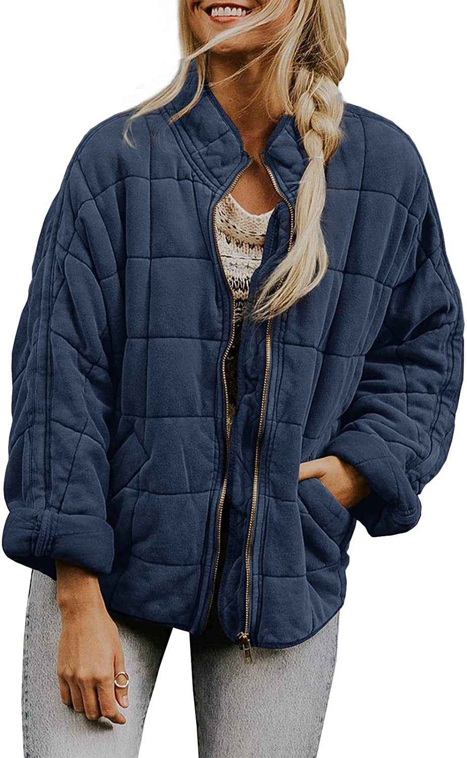Winter Zip-up Stand Collar Coat With Pockets Fashion Solid Color Plaid Long Sleeved Jacket Women&