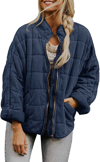 Winter Zip-up Stand Collar Coat With Pockets Fashion Solid Color Plaid Long Sleeved Jacket Women&