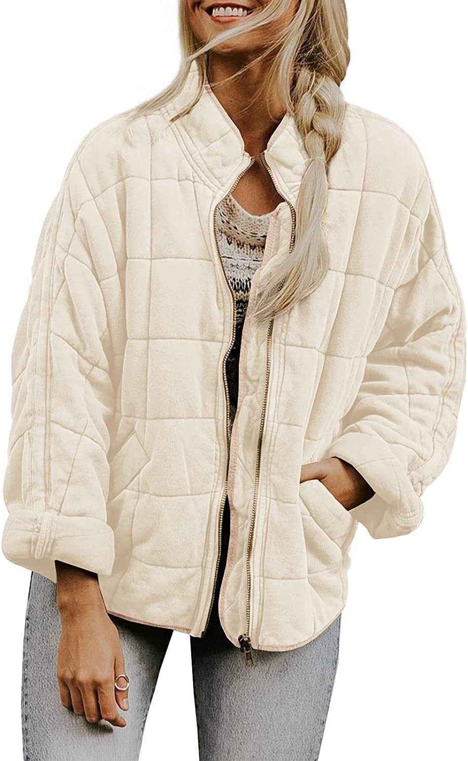 Winter Zip-up Stand Collar Coat With Pockets Fashion Solid Color Plaid Long Sleeved Jacket Women&