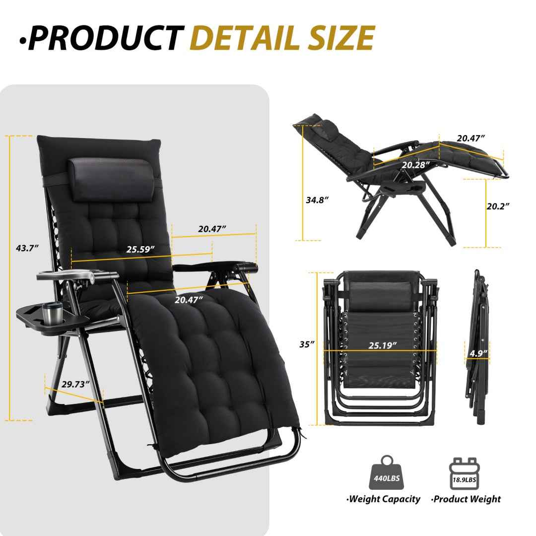 Zero Gravity Chair, Reclining Camping Lounge Chair For Indoor, Reclining Patio Chairs With Cup Holder Trays And Removable Cushion