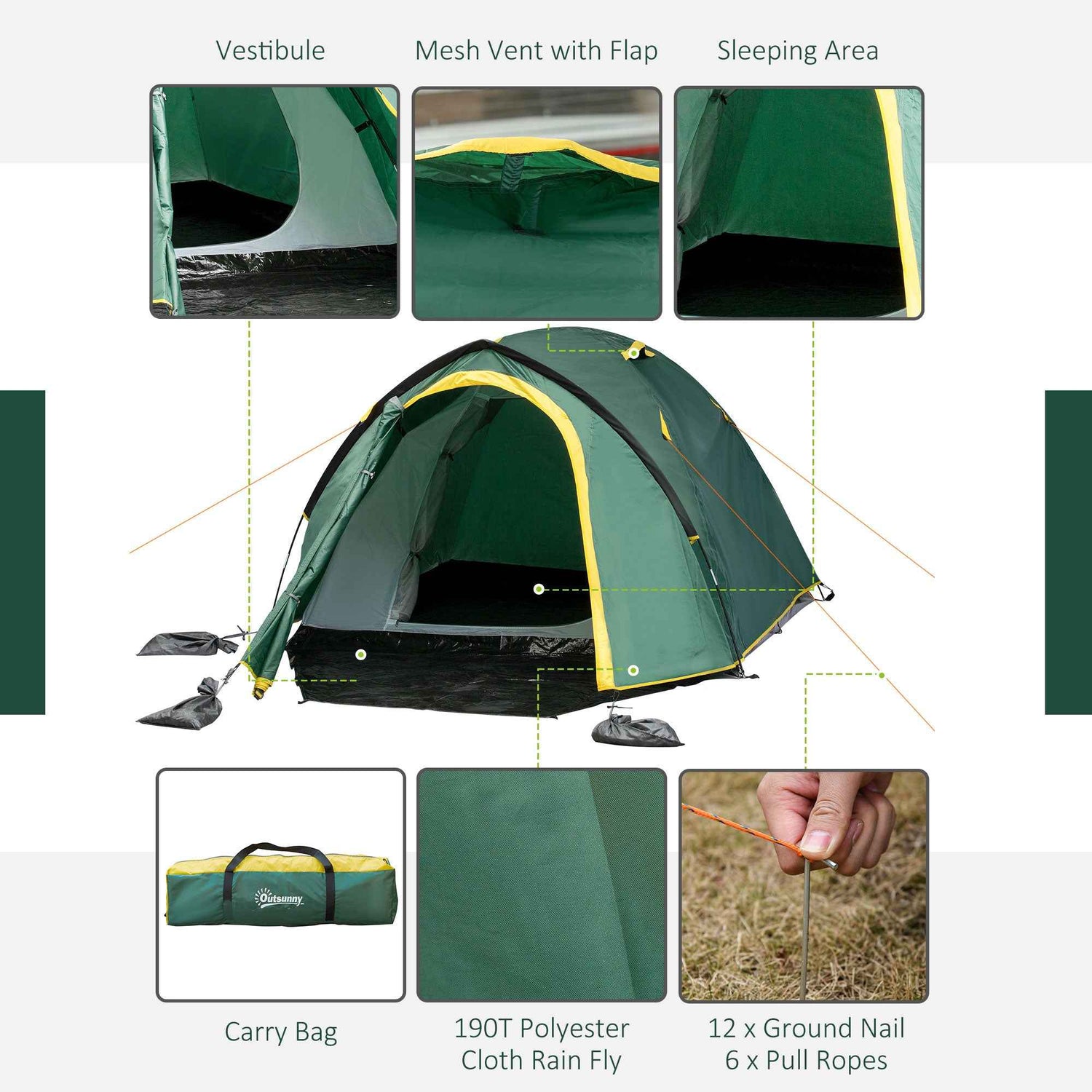 Dome Tent For 2 Person Camping Tent With Large Windows, Waterproof Green And Yellow