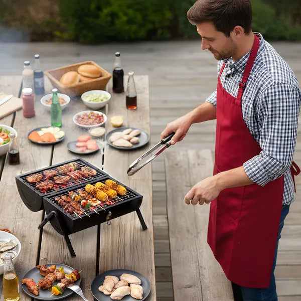 Portable Charcoal Grill Outdoor Stove, Two Side Carbon Griller For BBQ, Tabletop Barbecue Grill For Outdoor Camping Party, Black