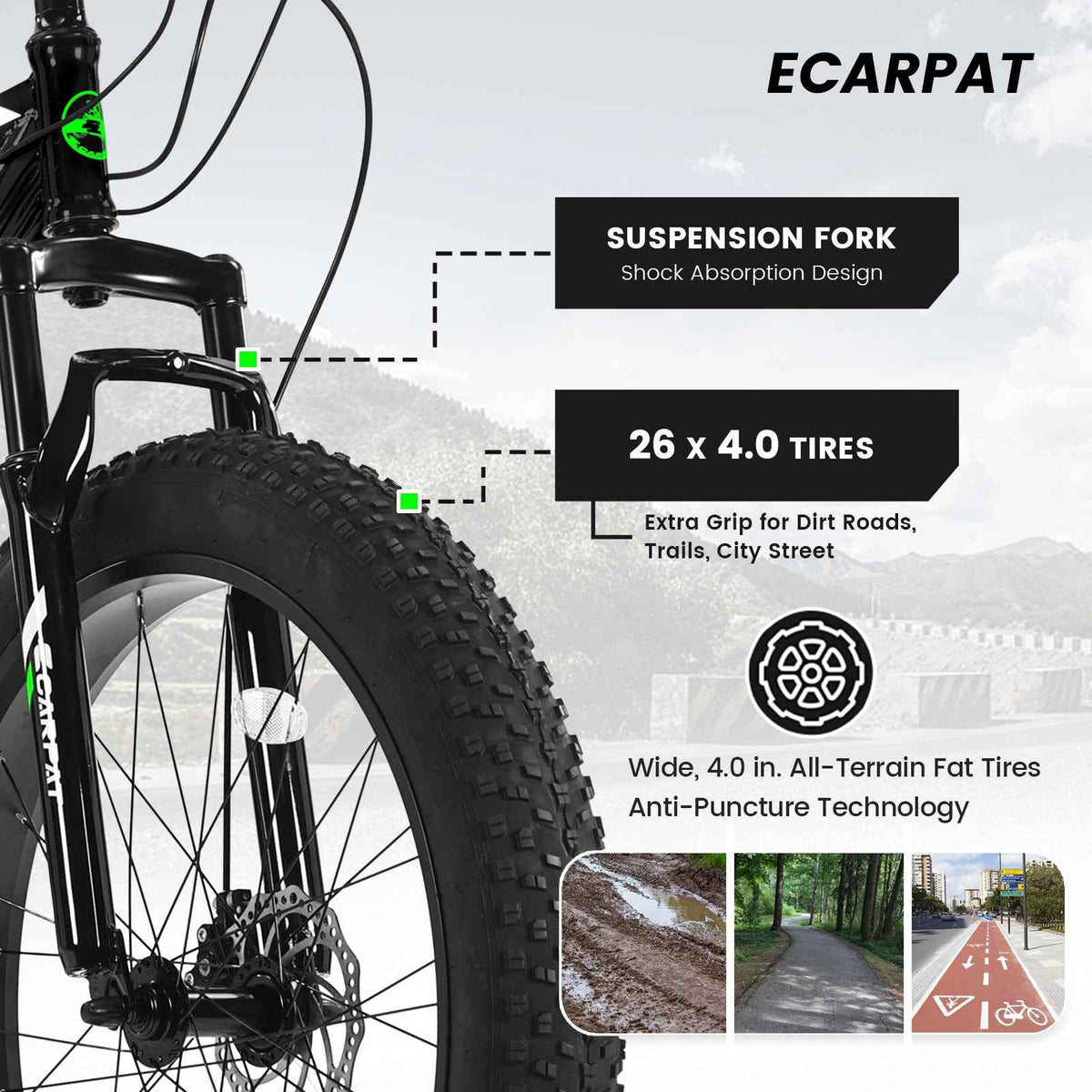S26109 Elecony 26 Inch Fat Tire Bike Youth Full Shimano 21 Speed Mountain Bike, Dual Disc Brake, High-Carbon Steel Frame, Front Suspension, Mountain Trail Bike, Urban Commuter City Bicycle
