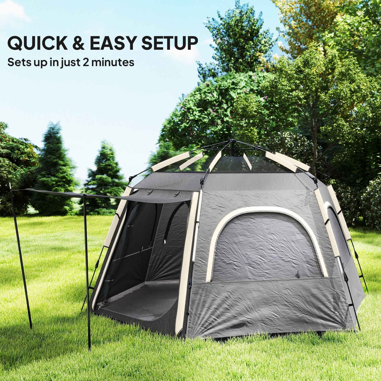 Instant  Up Camping Tent, 2,3,4 Person Easy Setup Dome Family Tent With Vestibule, Rainfly, 4 Mesh Windows &amp; 2 Doors, Hexagonal Design, Waterproof &amp; UV Protected, Dark Grey