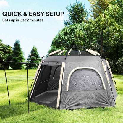 Instant  Up Camping Tent, 2,3,4 Person Easy Setup Dome Family Tent With Vestibule, Rainfly, 4 Mesh Windows &amp; 2 Doors, Hexagonal Design, Waterproof &amp; UV Protected, Dark Grey