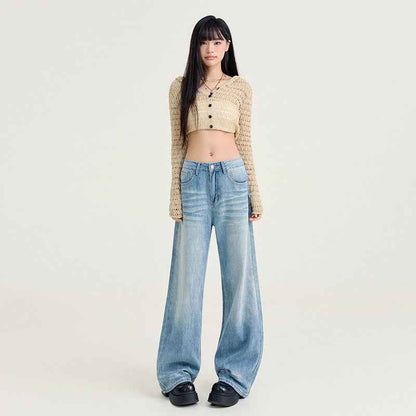 Womens Light-blue Washed Wide-leg Jeans