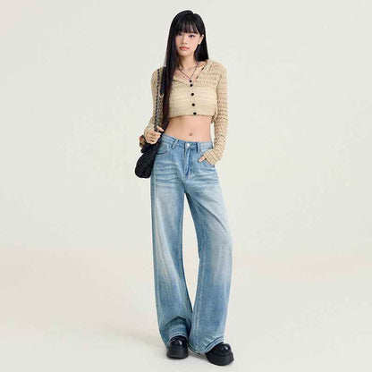 Womens Light-blue Washed Wide-leg Jeans