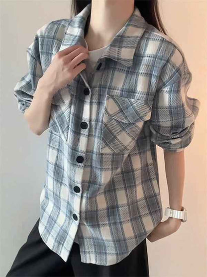 Sky Blue American Style Heavyweight Plaid Womens Shirt