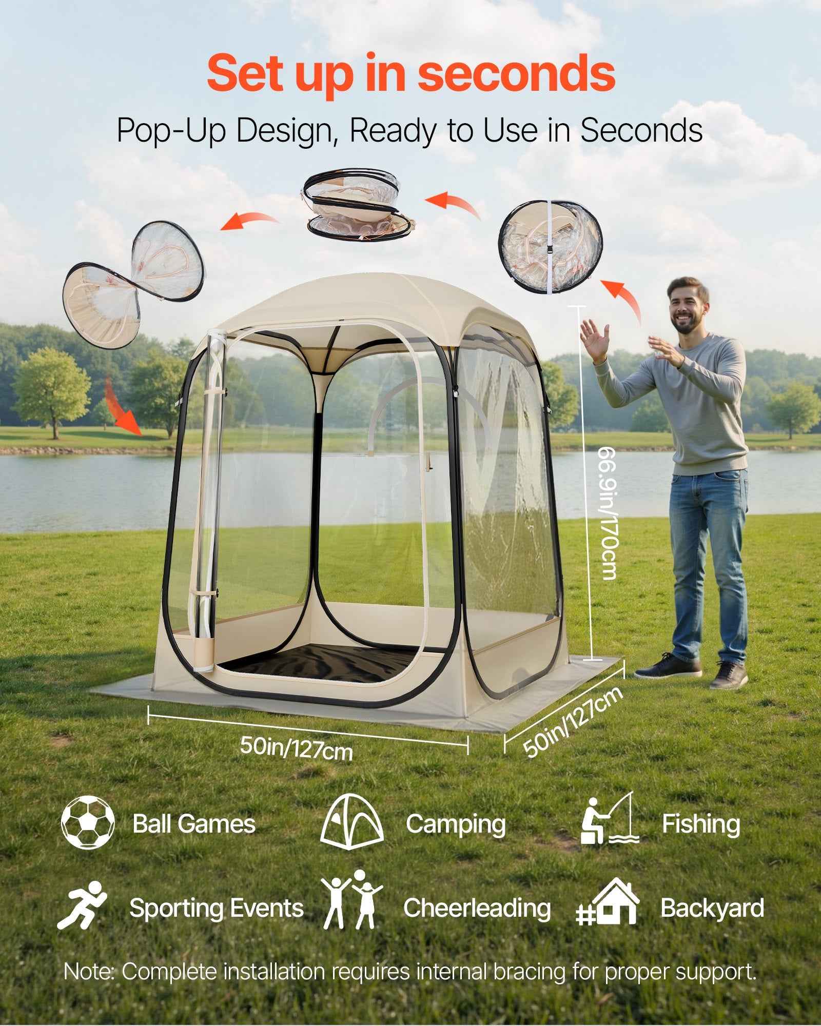 Pop Up Sports Tent, 50x50 In Clear Bubble Tent For 1 Person, Waterproof Outdoor Pod With Floor Mat &amp; Top Cover, Garden Igloo Dome Tents Camping Shelter For Events Fishing Cheering