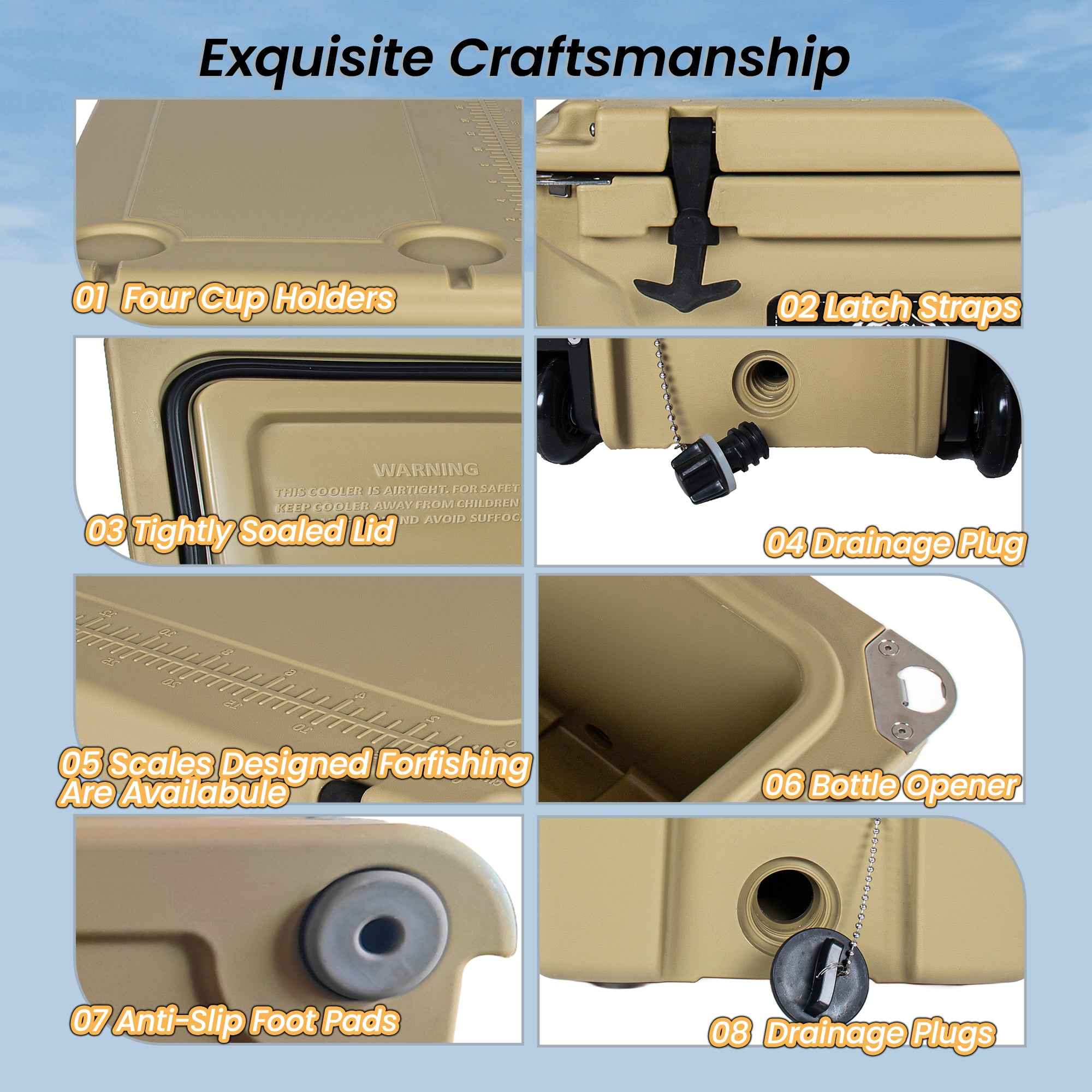 110 Quart Khaki Cooler, Rotomolded Insulated Ice Chest - Heavy-Duty Hard Shell Cooler With 6-10 Day Ice Retention For Camping, Fishing, Tailgating &amp; Outdoor Adventures