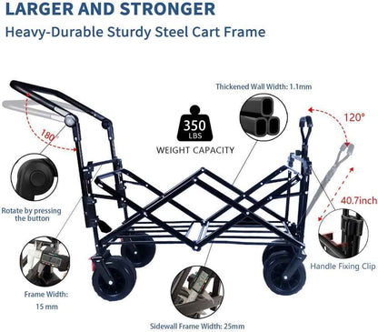 Collapsible Wagon 140L Wagons Carts Foldable With Removable Canopy, Folding Wagon Cart With Wheels For All-Terrain With Brake, Foldable Wagon With Cooler Bag, For Camping Beach Shopping