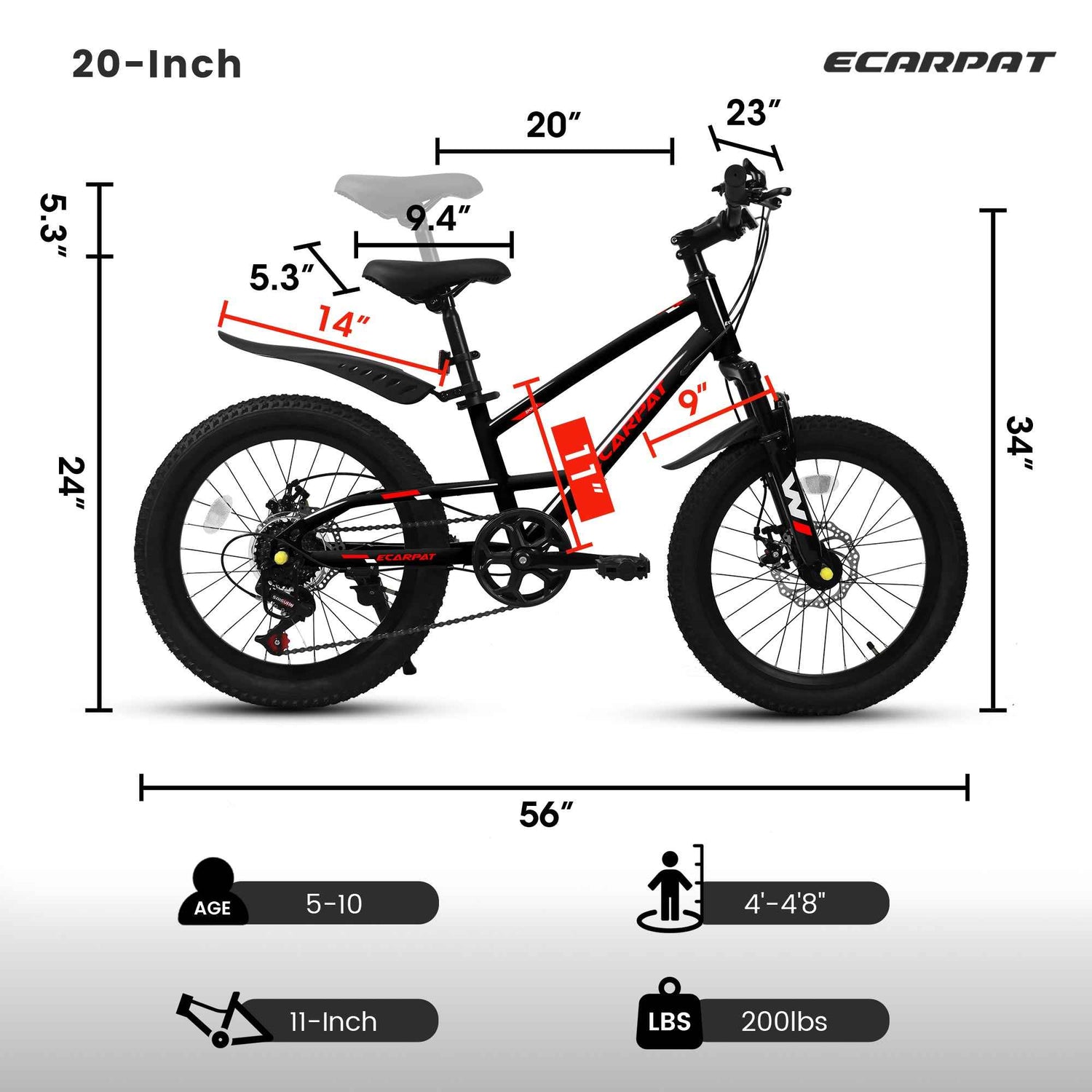 A20184 20 Inch Mountain Kids Bike For Boys &amp; Girls, Ages 6-12, 7-Speed With Front Suspension