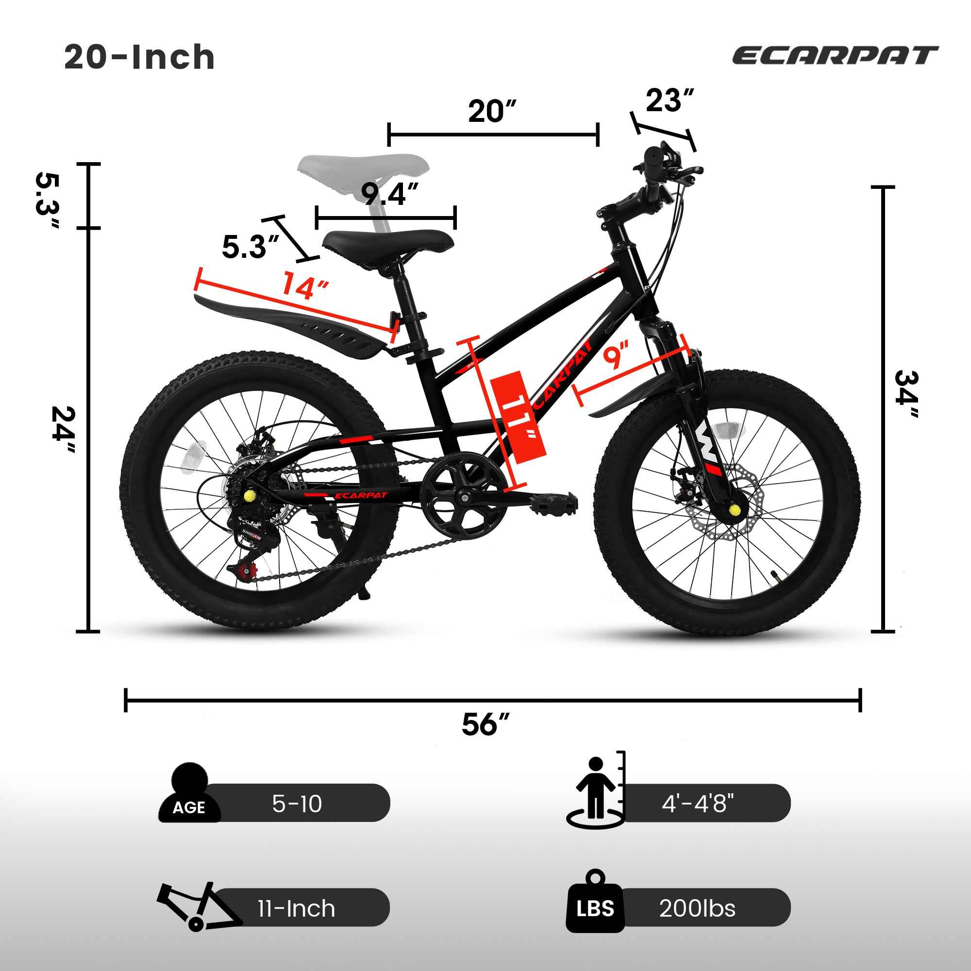 A20184 20 Inch Mountain Kids Bike For Boys &amp; Girls, Ages 6-12, 7-Speed With Front Suspension