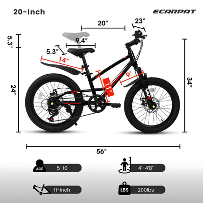 A20184 20 Inch Mountain Kids Bike For Boys &amp; Girls, Ages 6-12, 7-Speed With Front Suspension