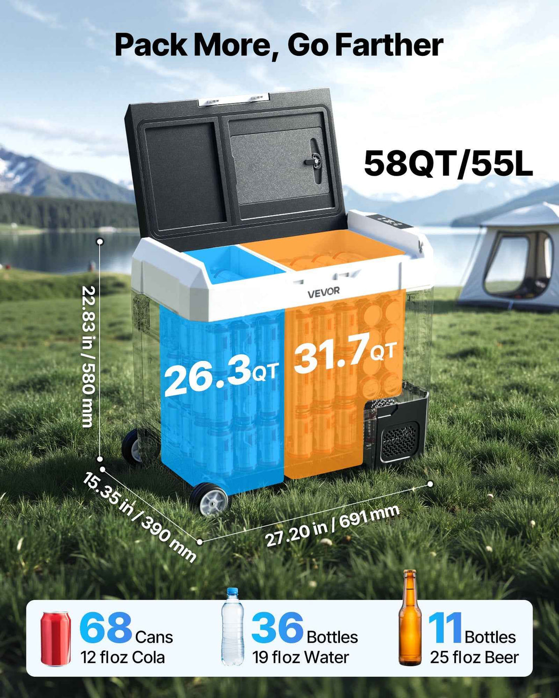Car Refrigerator, DC 12/24V AC100-240V Compressor Electric Cooler,  -4°F To 68°F Truck Refrigerator With APP Control, Wheels &amp; Dual Zone, 58 QT Cars Cooler For RVs, Boats, Camping, Fishing
