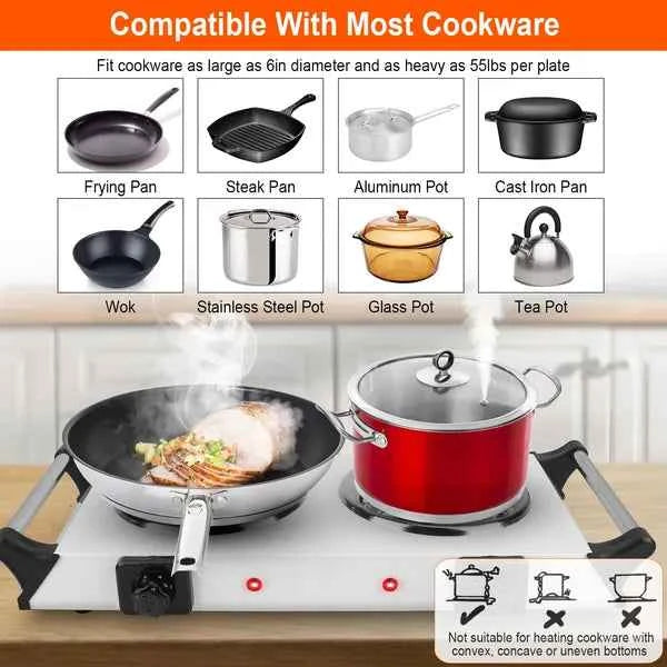 2000W Electric Dual Burner Portable Coil Heating Hot Plate Stove Countertop RV Hotplate With 5 Temperature Adjustments Portable Handles