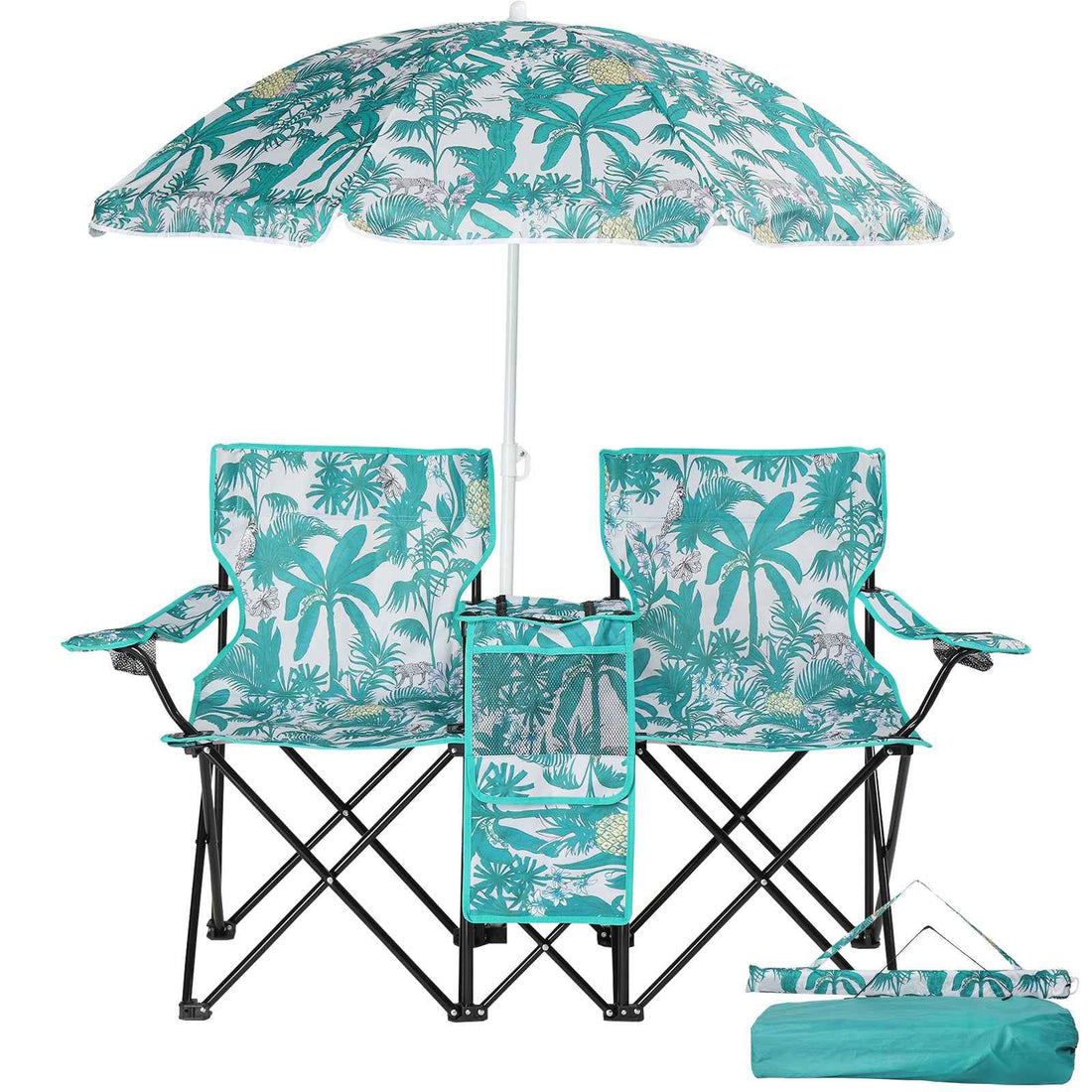 Camping Chairs, Folding Double Chair With Removable Umbrella, Cup Holders, Cooler Bag, Side Pocket &amp; Carry Bag, For Beach, Outdoor, Sports, Concerts, Travel, Picnic