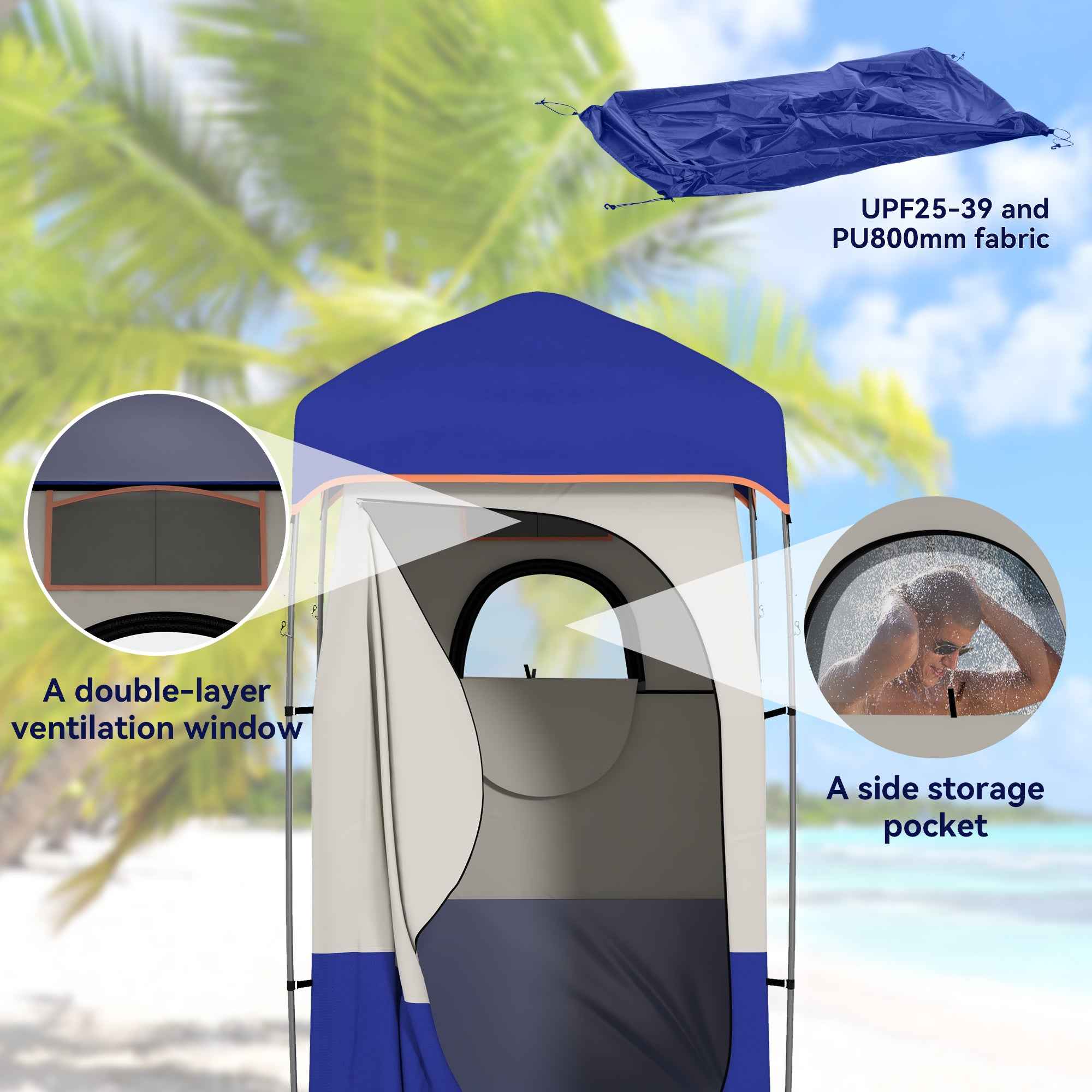 Camping Shower Tent, Portable Privacy Shelter with Solar Shower Bag, Removable Floor and Carrying Bag, Blue