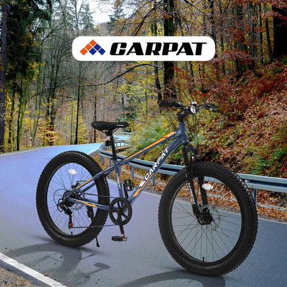 S24109 Elecony 24 Inch Fat Tire Bike Youth Full Shimano 7 Speeds Mountain Bike, Dual Disc Brake, High-Carbon Steel Frame, Front Suspension, Mountain Trail Bike, Urban Commuter City Bicycle