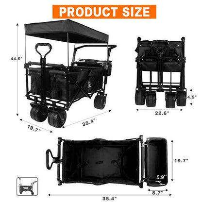 Foldable Wagon With Removable Canopy &amp; Cooler Bag - Heavy Duty Collapsible Wagon Utility Cart With 4inch All-Terrain Wheels For Camping Beach Garden, Black