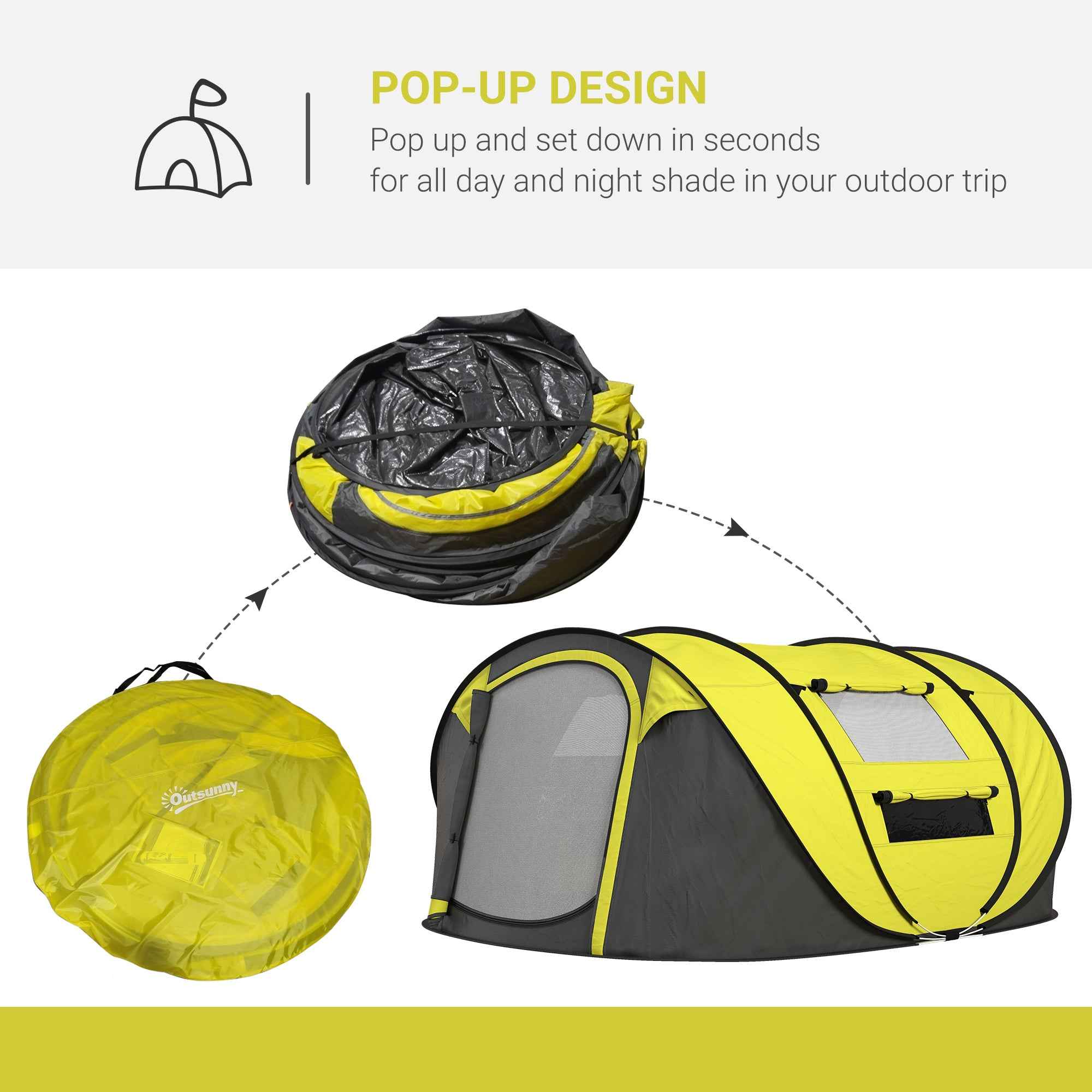 4 Person Pop-up Camping Tent Family Tent With Ground Sheet, 4 Windows And Portable Carry Bag For Beach Outdoor Trip, Yellow
