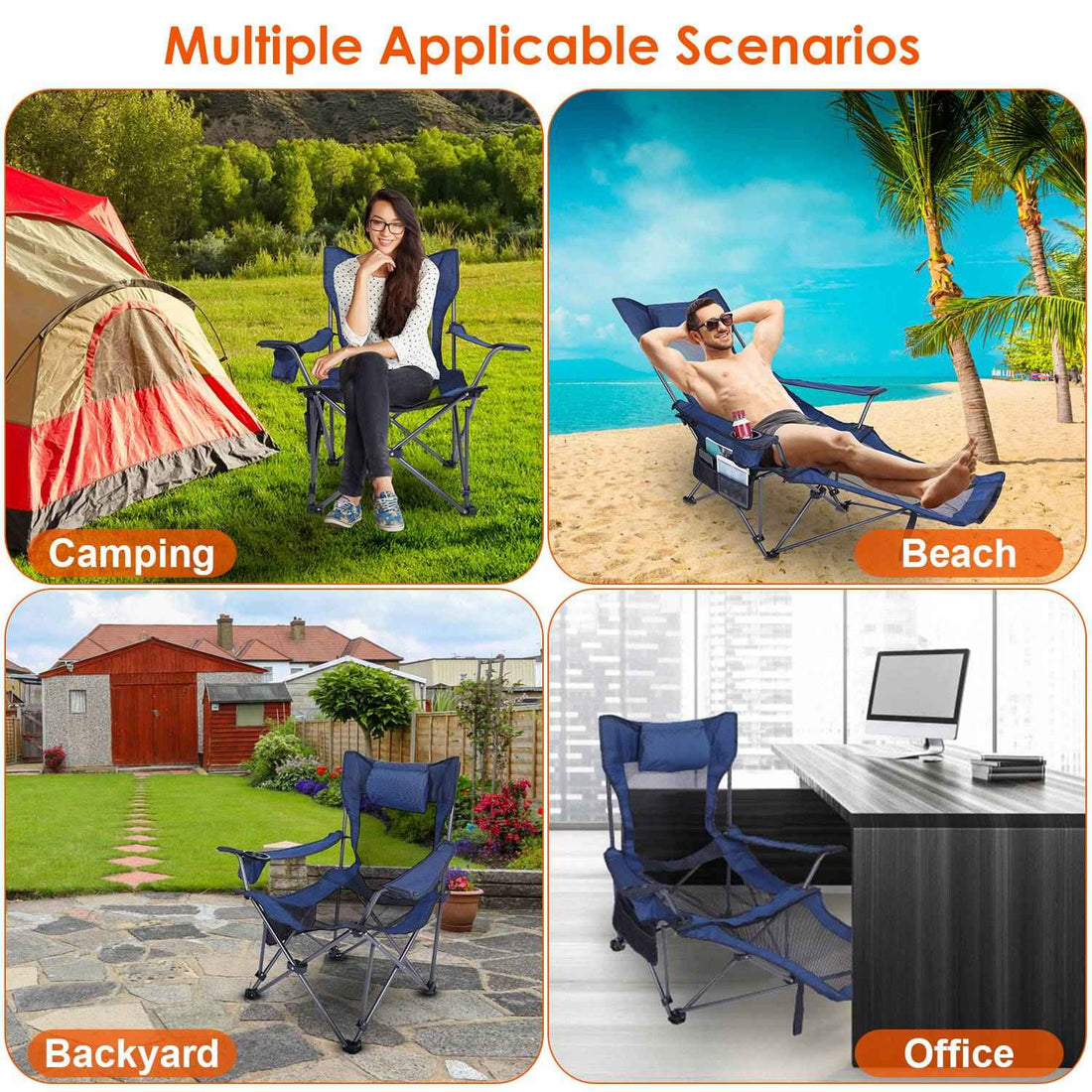 1Pc Foldable Camping Chair 330LBS Load Heavy Duty Steel Lawn Chair Collapsible Chair With Reclining Backrest Angle Cup Holder Pillow Side Pocket Carry Bag