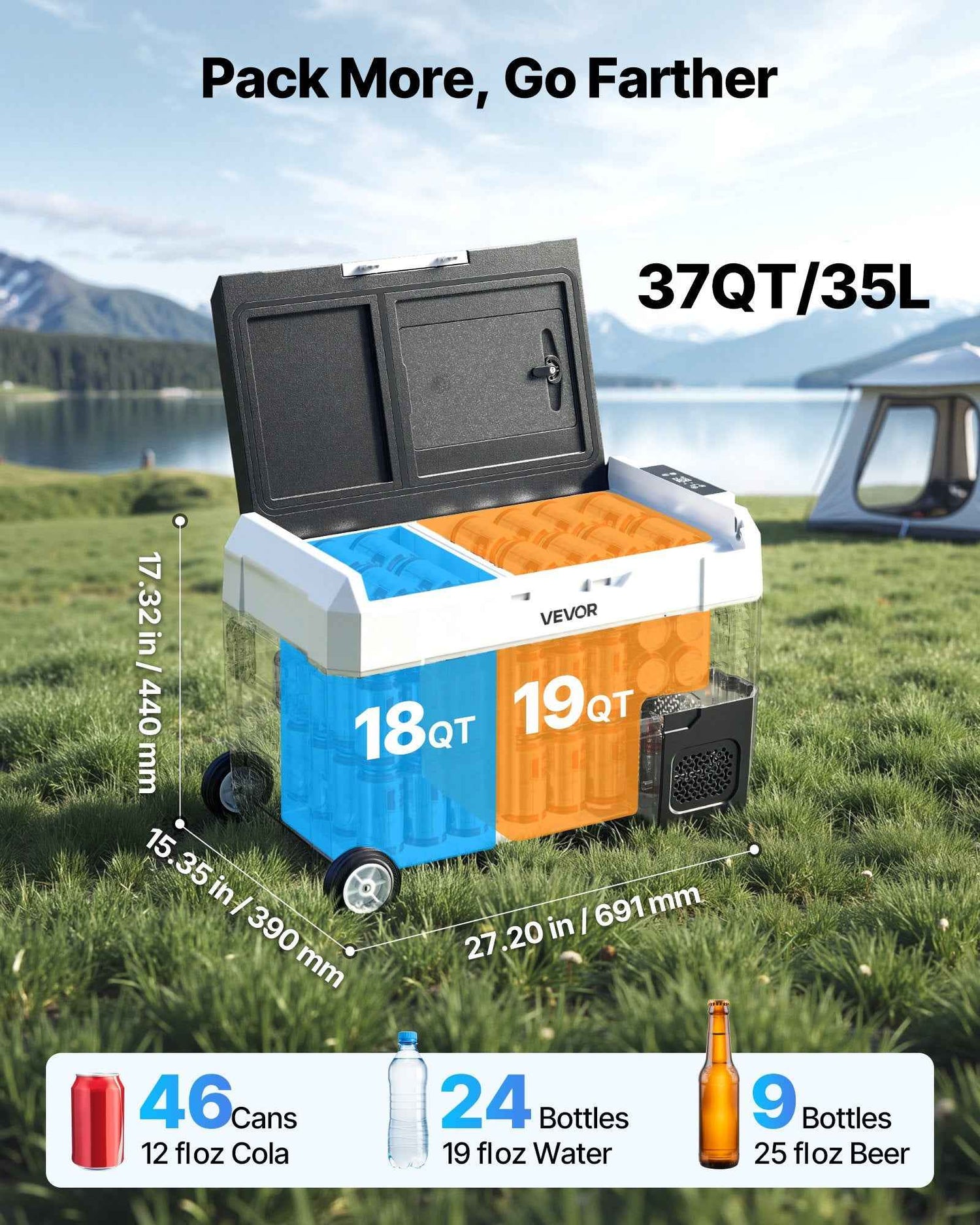 Car Refrigerator, DC 12/24V AC100-240V Compressor Electric Cooler, -4°F To 68°F Truck Refrigerator With APP Control, Wheels &amp; Dual Zone, 37 QT Cars Cooler For RVs, Boats, Camping, Fishing
