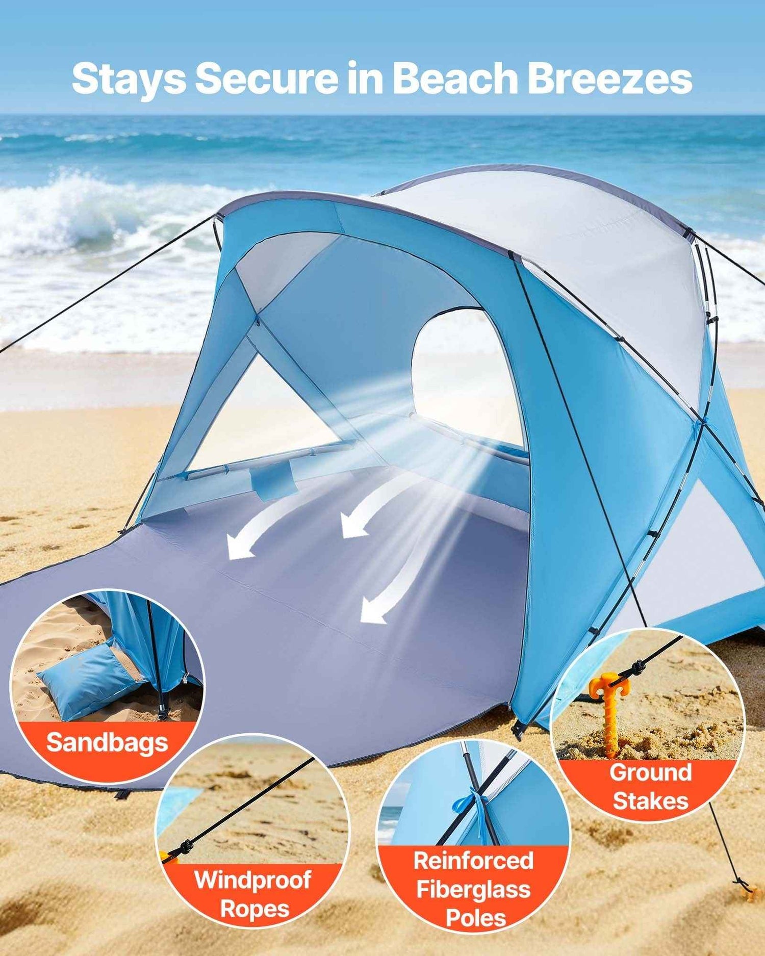 Beach Tent Sun Shelter For 6 Person, UPF 50+ Protection, Portable Sun Shade Canopy With Carrying Bag &amp; Sand Pockets, Lightweight And Easy Setup Beach Umbrella For Family Camping Outdoor Picnic
