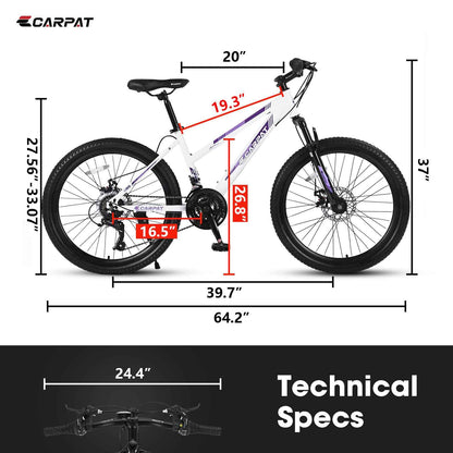 S24103 24 Inch Mountain Bike For Teenagers Girls Women, Shimano 21 Speeds With Dual Disc Brakes And 100mm Front Suspension, White&amp;Pink