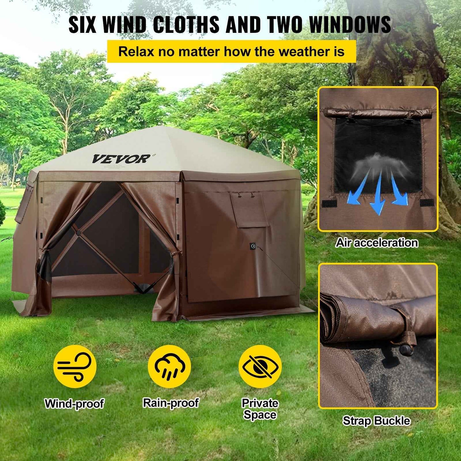 VEVOR Camping Gazebo Tent, 6 Sided Pop-up Canopy Screen Tent For 8 Person Camping, Waterproof Screen Shelter Portable Storage Bag, Ground Stakes, Mesh Windows, Brown &amp; Beige