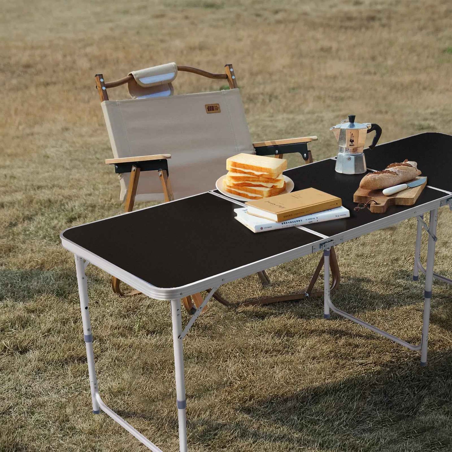 6ft Black Outdoor Folding Table Aluminum Alloy Rectangular 50kg Tri-fold Tabletop