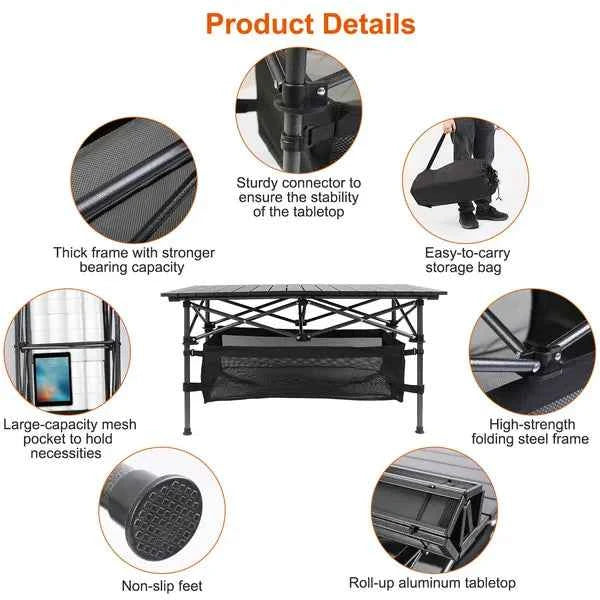 Folding Camping Table Portable Lightweight Aluminum Roll-up Picnic BBQ Desk With Carrying Bag Heavy Duty Outdoor Beach Backyard Party Patio