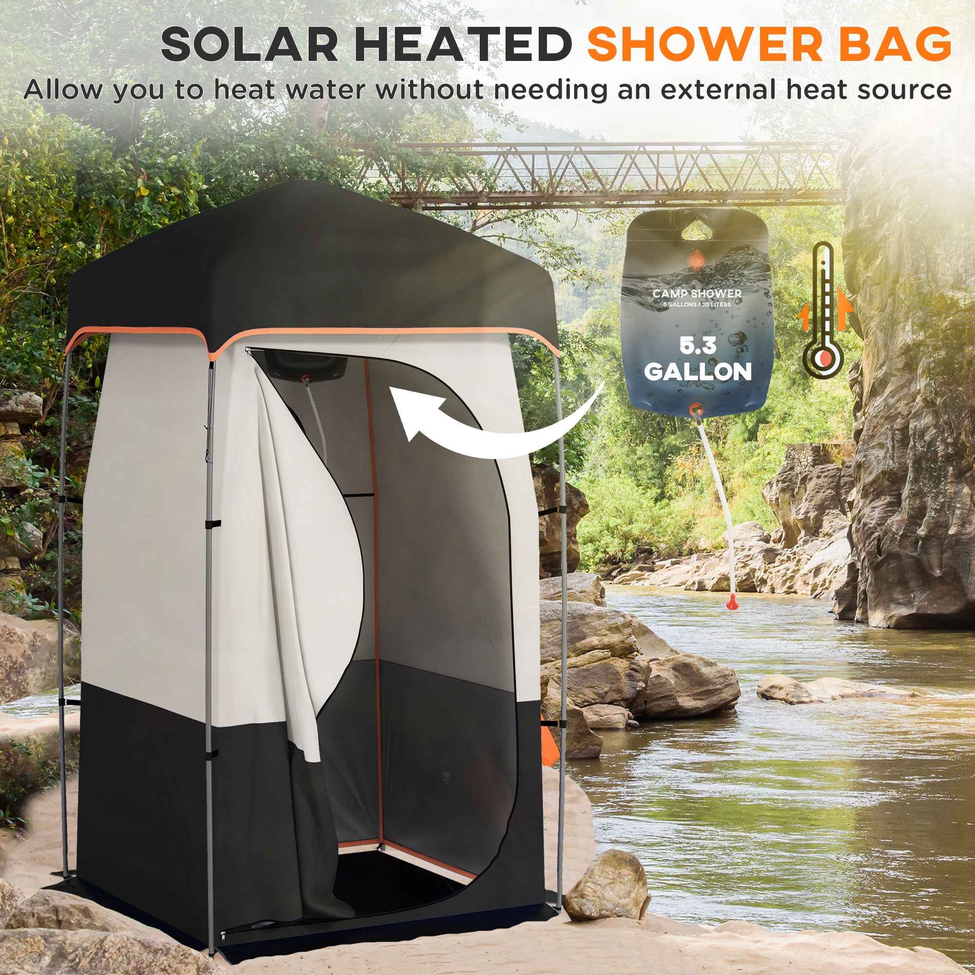 Camping Shower Tent, Portable Privacy Shelter with Solar Shower Bag, Removable Floor and Carrying Bag, Black