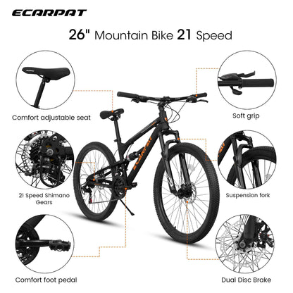 A26207 26 Inch Steel Frame Shock Fork Plus Shock Absorber 21-speed Unisex Mountain Bike